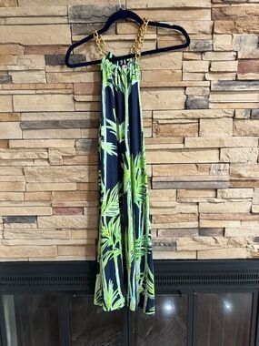 Lilly Pulitzer Navy Dress with Lime Green Palm Print and Gold Chain Straps